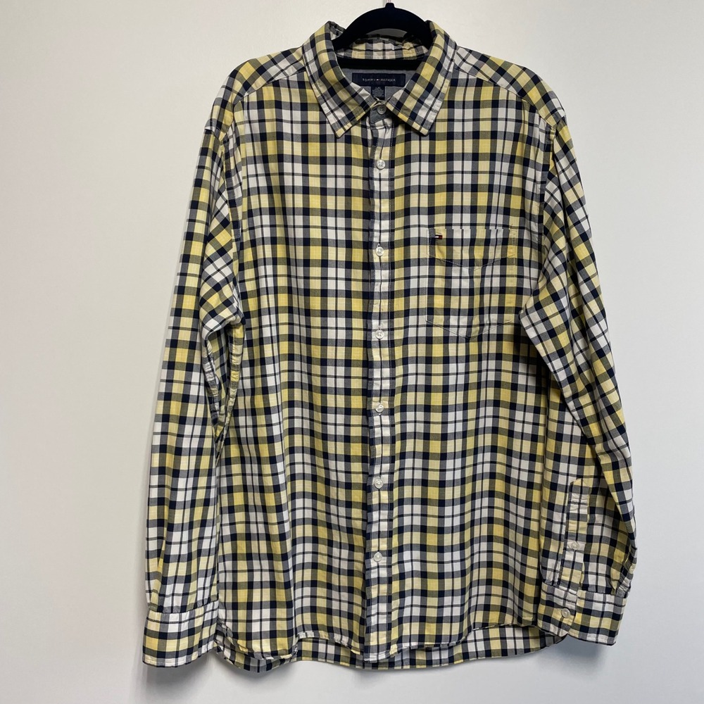 Tommy Hilfiger Men's Long Sleeve Button Down‎ Shirt Plaid Yellow Navy L